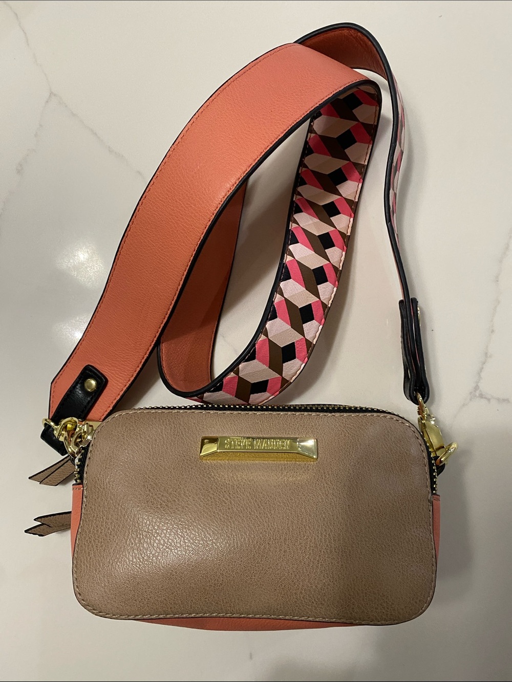 Steve Madden Taupe Crossbody with Coral Patterned Strap